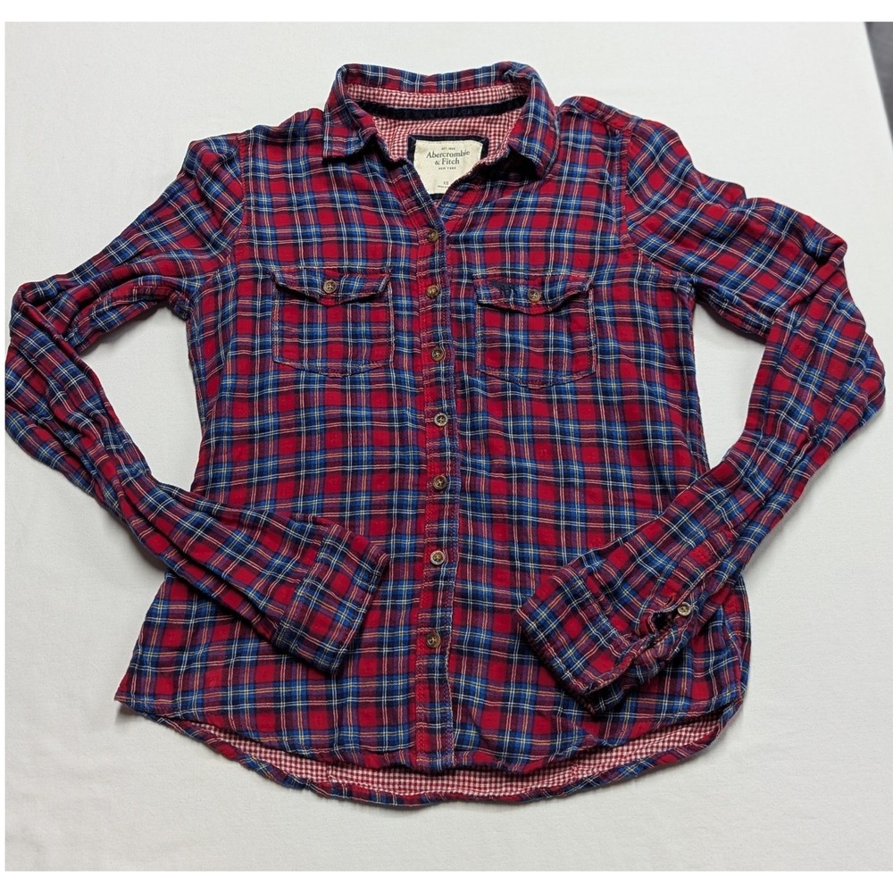 Abercrombie & Fitch Mens XS Red Blue Plaid Flannel Button Down Shirt Logo Pocket